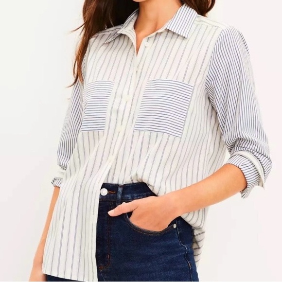 LOFT Tops - LOFT Navy and White Striped Shirt